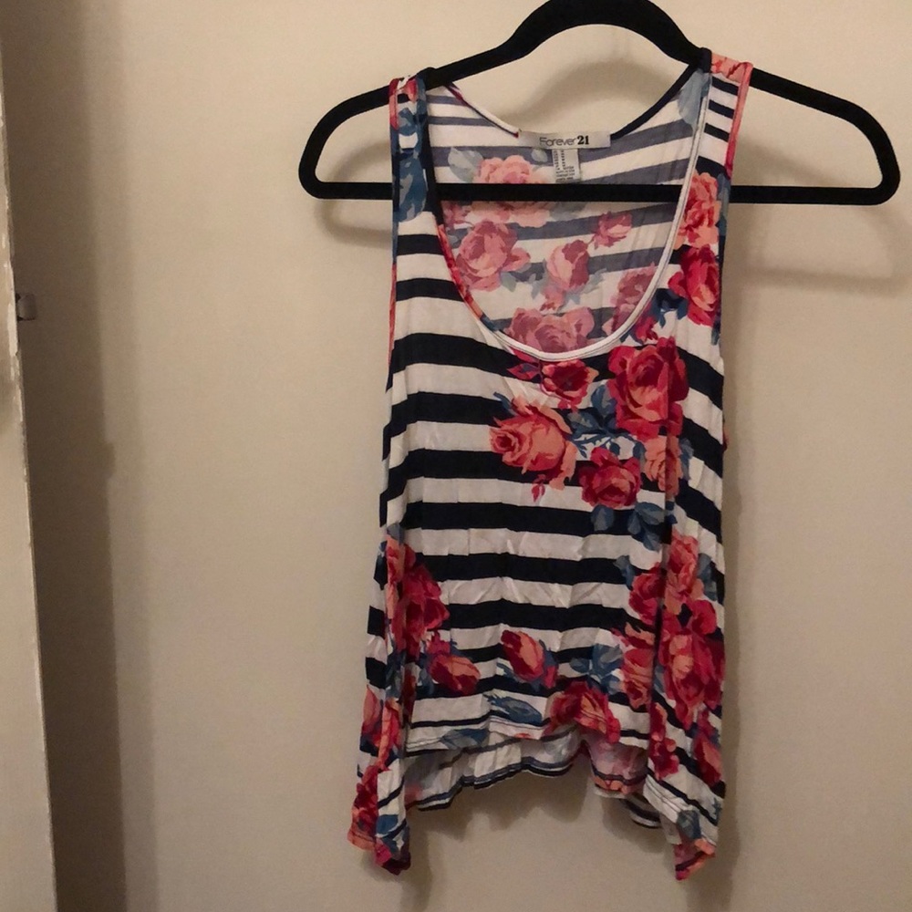 High low striped crop tank top with flower print